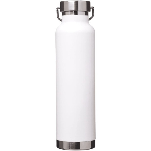 A drink bottle in white with a stainless steel lid and base, featuring a logo. 