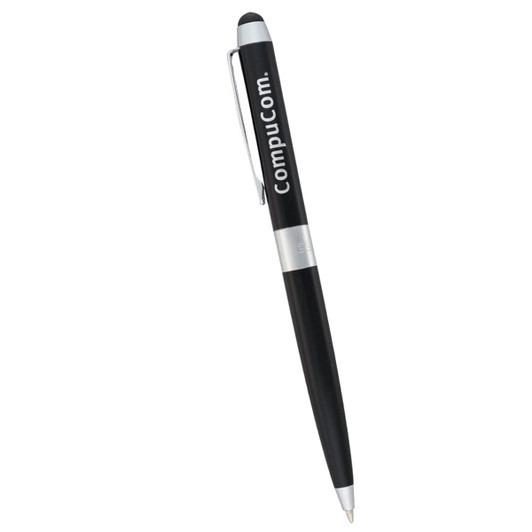 A black stylus pen with a silver accent and a clip; features a branding logo.