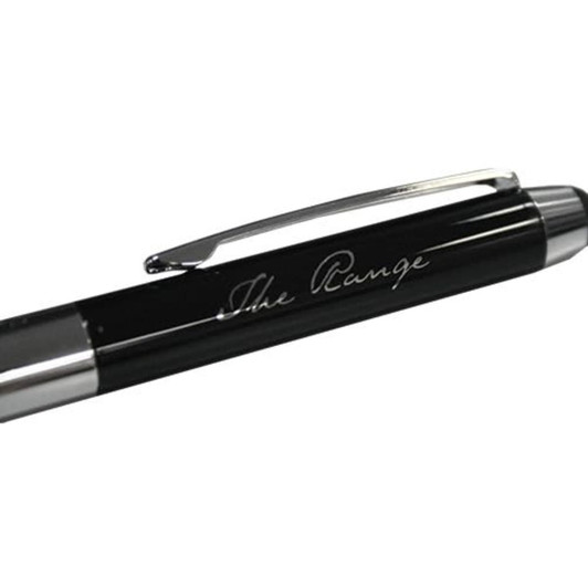 A black dual ballpoint stylus pen with a shiny silver clip, featuring a branding logo.