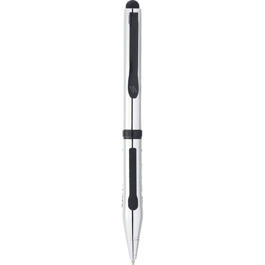 A silver ballpoint stylus pen with black accents and a textured grip, featuring a logo.