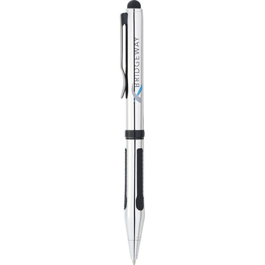 A sleek silver ballpoint stylus with black grip sections and a logo on the side.