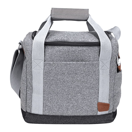 A drink bottle cooler bag in grey fabric with grey straps and a brown leather logo patch, designed for 12 bottles.