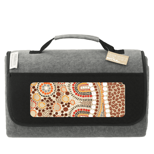 A grey oversized picnic rug with a decorative pattern in earthy tones. It features a black flap and a handle.