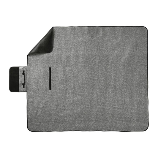 An oversized picnic rug in grey, featuring a black trim and a storage pocket. It has a branding logo.