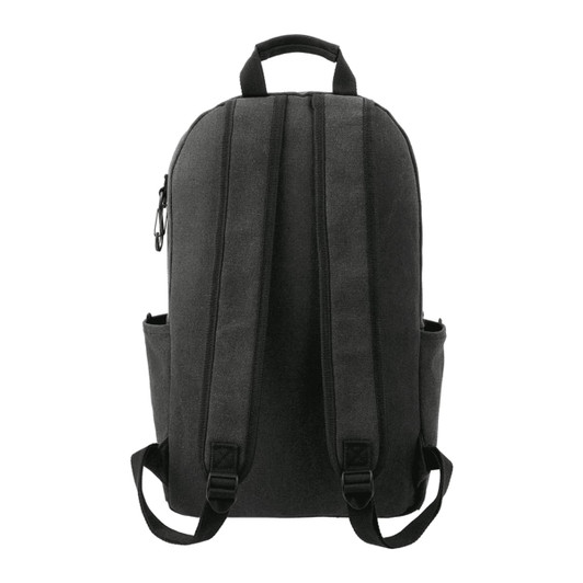 A black laptop backpack with padded shoulder straps and side pockets. The back view shows the design and stitching details.