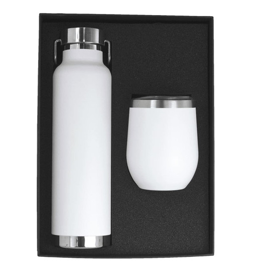 A drink bottle and tumbler gift set in white, featuring stainless steel accents, presented in a black box.