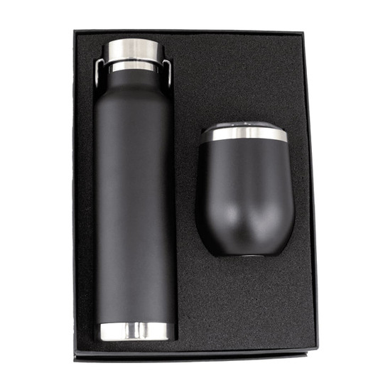A drink bottle and matching tumbler in black, presented in a gift box with a textured interior.