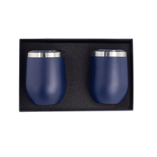 A drink set featuring two navy blue insulated cups in a black gift box with a textured foam insert.