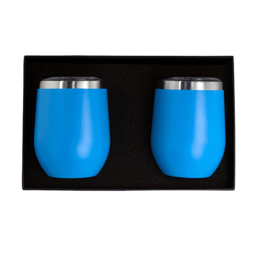 A drinkware gift set featuring two blue insulated cups with stainless steel lids, packaged in a black gift box.
