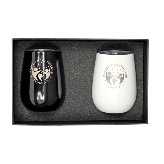 A drink cup giftset featuring a black and a white insulated cup, both with branding, in a gift box.