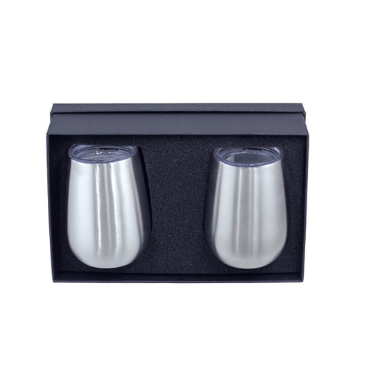 A drink bottle gift set featuring two silver insulated cups in a black box with a grey insert.