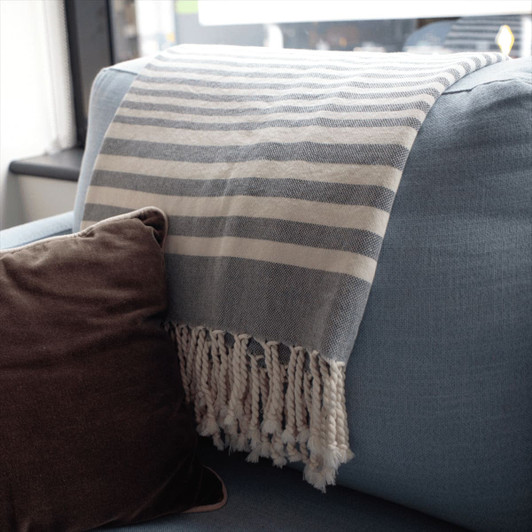 A striped throw blanket in blue and cream draped over a light blue sofa, beside a brown decorative cushion.