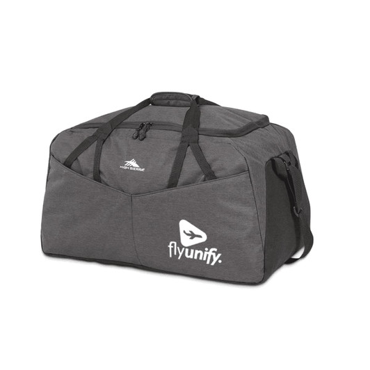 A grey duffel bag with a large compartment and multiple handles, featuring a logo on the front.