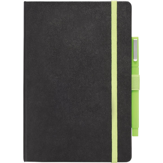 A bound journal with a black cover and a green pen attached, featuring a contrasting green elastic band.