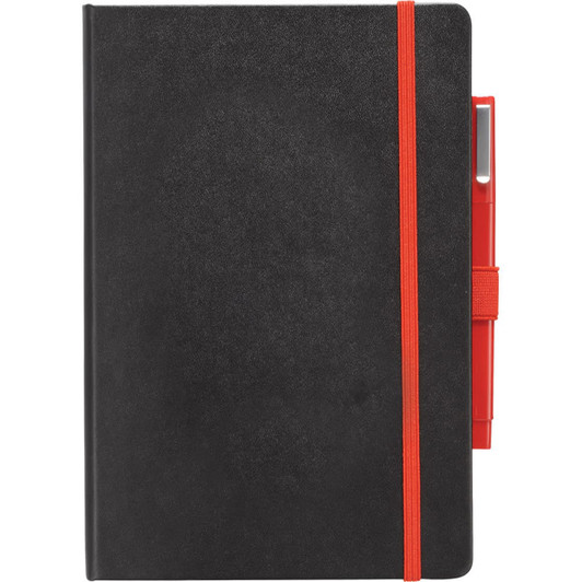 A black journal with a red elastic band and a matching pen holder, featuring a sleek design and a logo.
