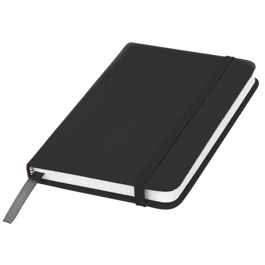 A black pocket notebook with a textured cover, elastic band, and a ribbon bookmark. Features a logo on the front.