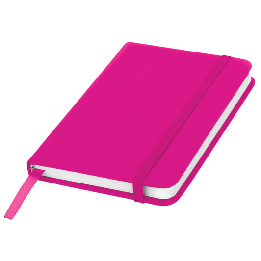A pink pocket notebook with a matching elastic band closure and a ribbon bookmark.