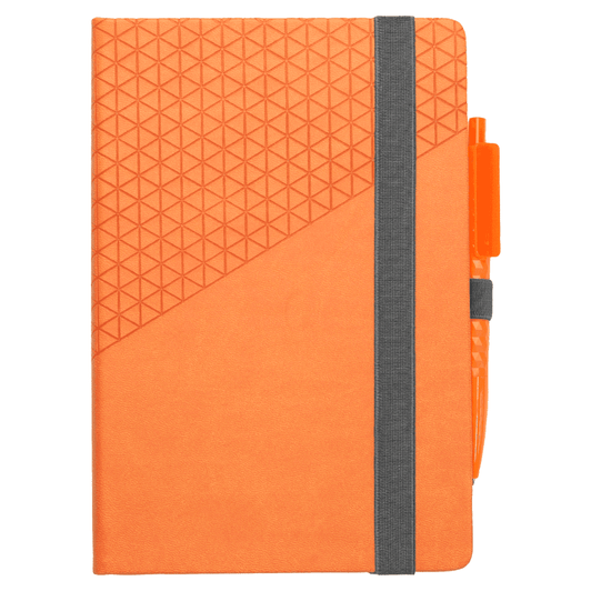 An orange notebook with a textured geometric design and a matching pen attached by an elastic band.