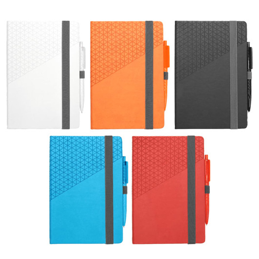A set of five notebooks in various colours—white, orange, black, blue, and red—with matching pens. Each notebook has a geometric design.