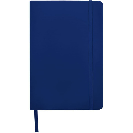 A navy blue A5 hard cover notebook with a strap closure and ribbon bookmark. It features a simple design.