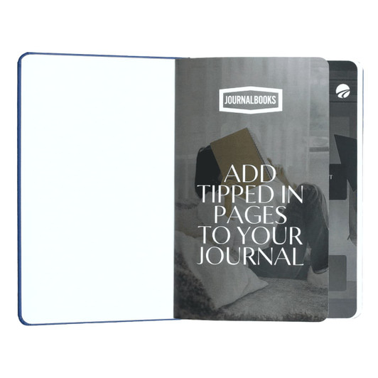 A hard cover A5 notebook with a navy blue cover, featuring an inner page layout design and a logo.