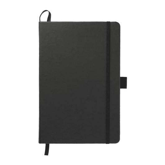 A black A5 journal with a textured cover, featuring a black elastic closure and a ribbon marker.
