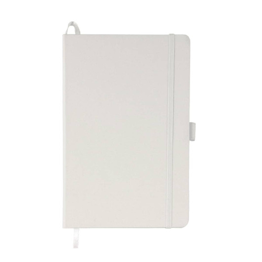 A white A5 notebook with a ribbon marker and elastic closure, featuring a logo on the cover.