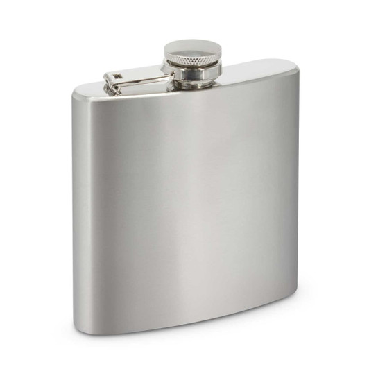 A drink flask in a sleek silver finish, featuring a secure screw-top lid and a smooth, curved design.