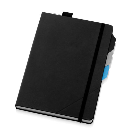 A black notebook featuring a textured cover, an elastic band closure, and colour-coded tabs on the side.
