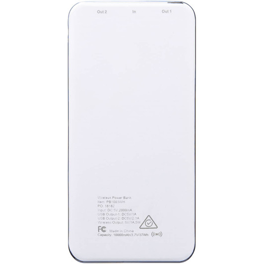 A white wireless power bank with a display, featuring USB output and input ports, and a logo on the surface.