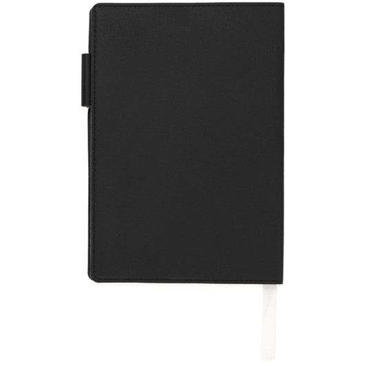 A black notebook with a ribbon bookmark, featuring a sleek design and a clasp closure. Includes a pen.
