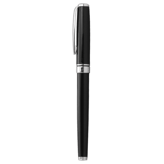 A black rollerball pen with a sleek metal design and silver accents, featuring a branding logo.