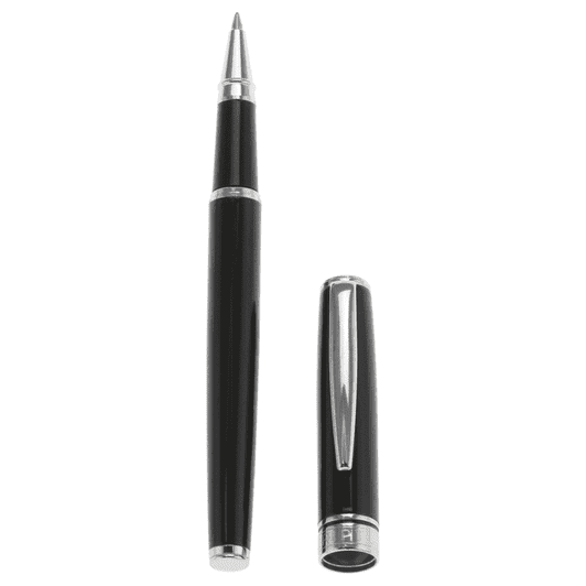 A black metal rollerball pen with silver accents, featuring a detachable cap. It has a logo on the barrel.