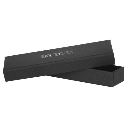 A black gift box designed for pens, featuring a sleek and minimalist design with a logo.