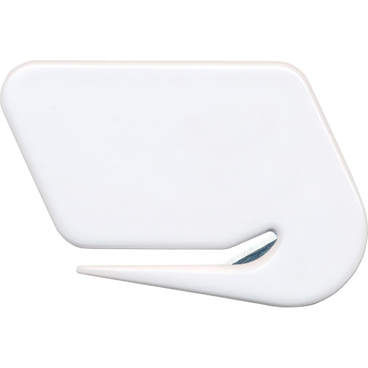 A white letter opener with a sleek design and a steel cutting edge, suited for office use.