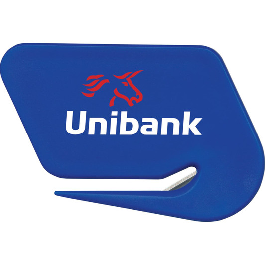 A blue letter opener featuring a logo and a sleek, modern design ideal for office use.