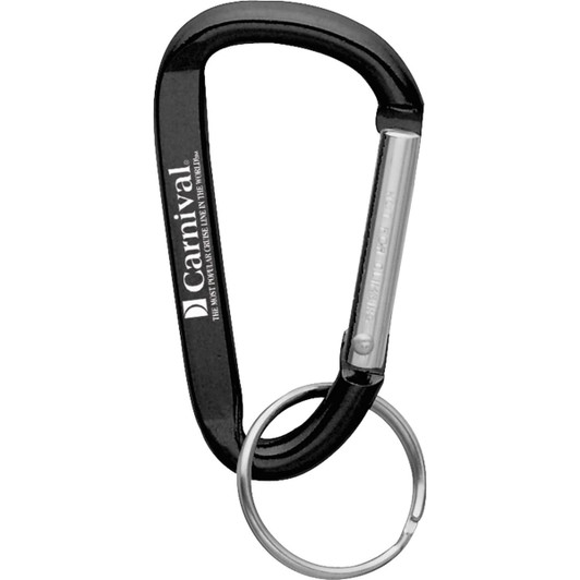 A black carabiner with a silver keyring attachment, featuring a logo. Designed for holding keys and tools.