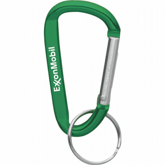 A green carabiner keyring with a metal keyring attachment and a logo on the side.