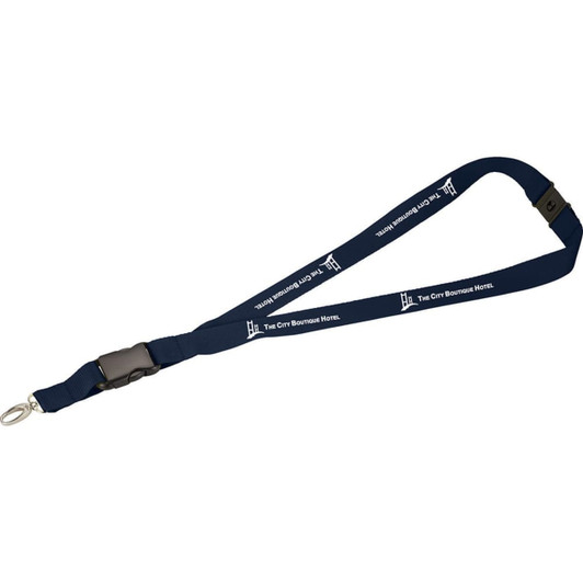 A navy lanyard featuring a branding logo, equipped with a clip for attaching items.