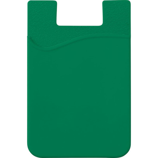 A green silicone card wallet featuring a smooth texture and a curved design. It includes a branding logo.