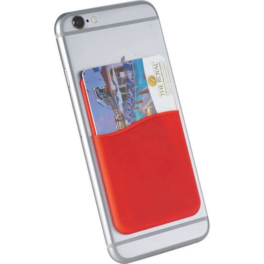 A slim red silicone card wallet attached to the back of a silver phone, holding a card securely in place.