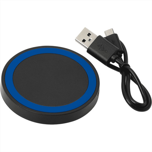 A wireless charging pad in black with a blue ring, accompanied by a USB charging cable.