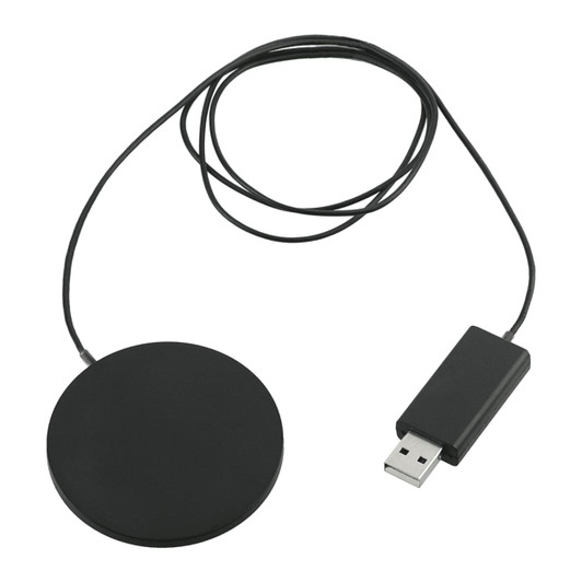 A round, black wireless charging pad with a USB cable attached. It features a streamlined, thin design.