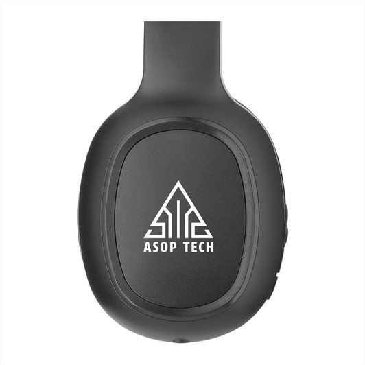 Black wireless headphones with a logo on the side. The design is sleek and modern, featuring a microphone.