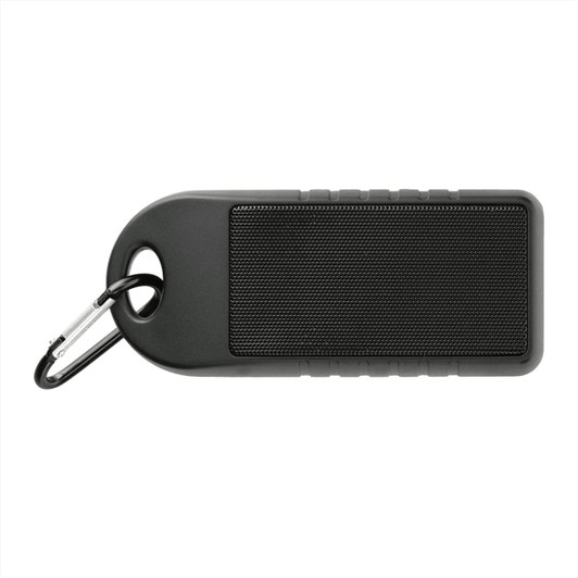 A portable black Bluetooth speaker with a textured surface and a carabiner for attachment.