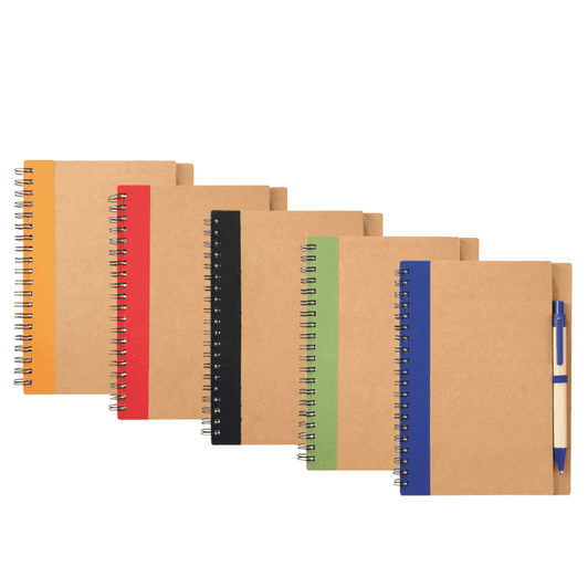 A range of spiral notebooks in various colours with a pen; features a natural brown cover and a logo on each.