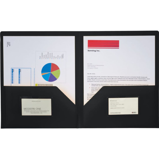 A black folder with two pockets holds documents and business cards, featuring graphs and text inside.