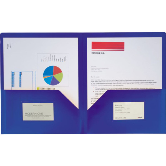 A blue folder featuring two pockets for documents and business cards, designed for office organisation.
