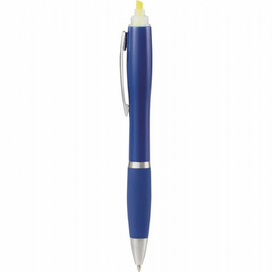 A blue pen-highlighter with a silver clip and yellow highlighting tip, featuring a branding logo.