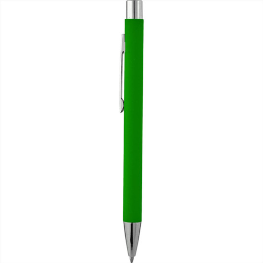 A green soft touch metal pen with a silver clip and tip, featuring a simple design and a branding logo.